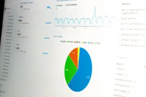 Computer monitor with a dashboard showing SEO metrics